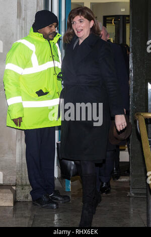 London, UK. 4th Feb, 2019. Nicky Morgan, Conservative MP for Loughborough, leaves the Cabinet Office with other members of the 'Alternative Arrangements Working Group', a group of Conservative Remainer and Leaver MPs which supported the 'Malthouse Compromise', following a meeting with Brexit Secretary Stephen Barclay. Credit: Mark Kerrison/Alamy Live News Stock Photo