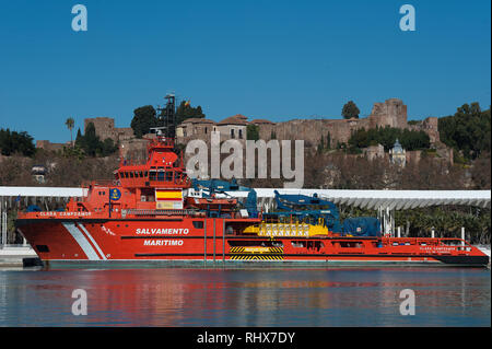 The Spanish vessel 'Clara Campoamor' is seen docked at port of Malaga. The government of Pedro Sánchez said that the main vessel from the Spanish Maritime Rescue Service known as 'Clara Campoamor' will control rescue operations of migrants at the Alboran Sea accompanied by members of the Spanish Civil Guard on board the vessel. The NGO 'Caminando Fronteras' (Walking borders) and the main union for rescue workers argue that the Spanish government attempt to dismantle and 'militarize' a 'civil public service', according with the change of direction in migration politics from the government. Stock Photo