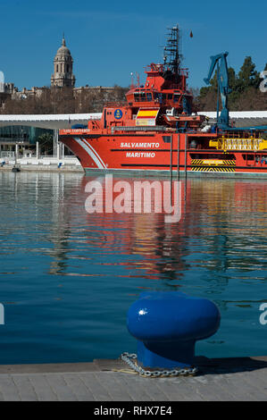 The Spanish vessel 'Clara Campoamor' is seen docked at port of Malaga. The government of Pedro Sánchez said that the main vessel from the Spanish Maritime Rescue Service known as 'Clara Campoamor' will control rescue operations of migrants at the Alboran Sea accompanied by members of the Spanish Civil Guard on board the vessel. The NGO 'Caminando Fronteras' (Walking borders) and the main union for rescue workers argue that the Spanish government attempt to dismantle and 'militarize' a 'civil public service', according with the change of direction in migration politics from the government. Stock Photo