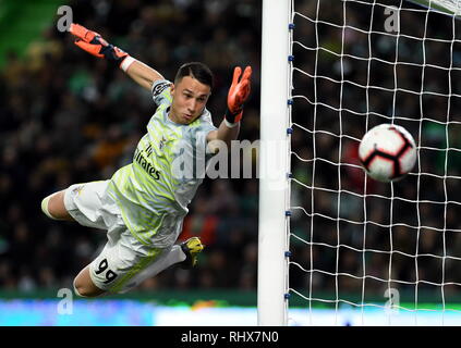 Beijing, Portugal. 3rd Feb, 2019. Goalkeeper Odysseas Vlachodimos of Benfica saves the ball during the Portuguese League soccer match between SL Benfica and Sporting CP in Lisbon, Portugal, Feb. 3, 2019. Benfica won 4-2. Credit: Zhang Yadong/Xinhua/Alamy Live News Stock Photo
