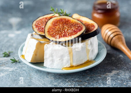 Brie or camembert cheese with fig and honey on plate. Tasty white cheese closeup view Stock Photo