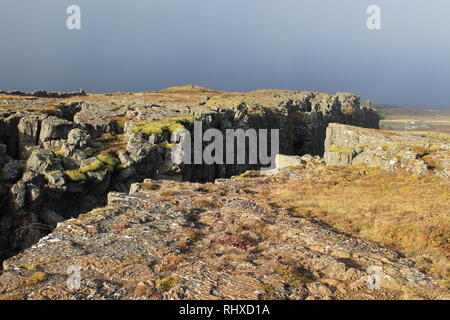 Thingvellir National Park, Iceland - Almannagjá fault between North American and Eurasian tectonic plates.