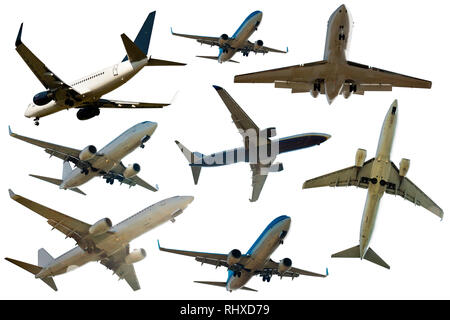 Airplanes flying, collection isolated on white background Stock Photo