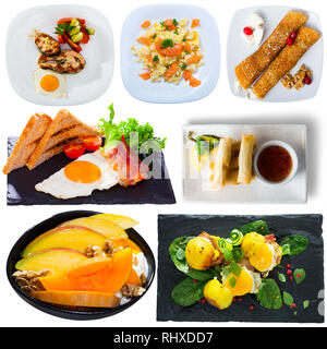 Collection of restaurant and homemade breakfasts on white background Stock Photo