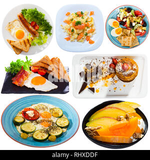 Collage of different types of breakfasts isolated on white background Stock Photo