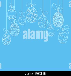 Vector Easter invitation card from doodle Easter eggs. Hand drawing Easter template from white eggs on blue background Stock Vector