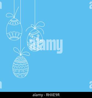 Vector Easter invitation card from three doodle Easter eggs. Hand drawing Easter template from white eggs on blue background Stock Vector