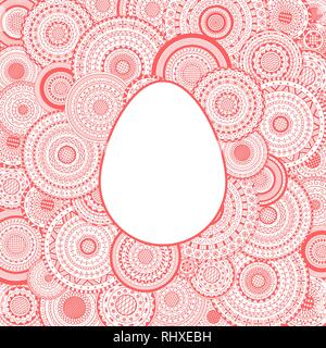 Vector frame in Easter egg shape on mandalas background. Pink Easter invitation card on white background Stock Vector