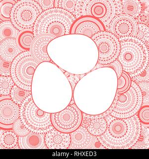 Vector illustration of three white Easter eggs on pink mandalas background. Easter holiday card Stock Vector