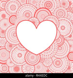 Vector frame in heart shape on mandalas background. Pink invitation card for Valentines day Stock Vector
