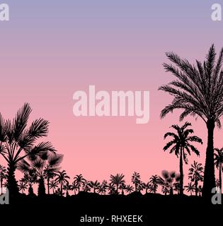 Vector card with realistic palm trees silhouette on tropical grunge pink sunset or sunrise background Stock Vector