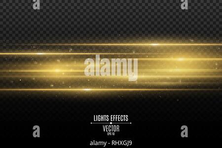 Light effect. Abstract laser beams of light. Chaotic neon rays of light. Golden glitters. Isolated on transparent dark background. Vector illustration Stock Vector