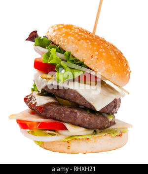 Appetizing double cheeseburger with two grilled beef patties. Isolated over white background Stock Photo