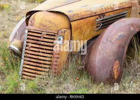 The rusting body of an International truck from the 1950's in Elizabethtown, New Mexico, USA. Stock Photo
