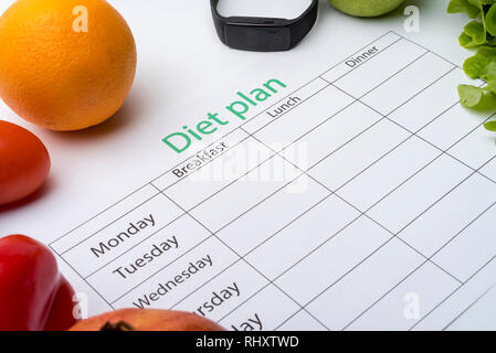 Diet plan sheet and fresh food on white background. Top view, the concept of healthy eating. Stock Photo