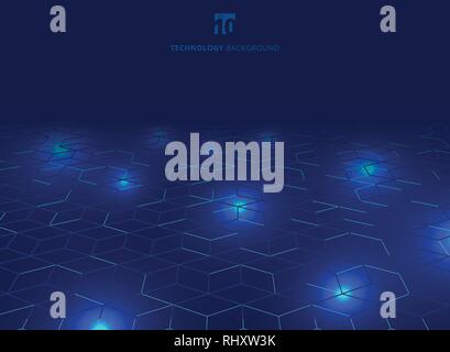 Abstract technology blue wire network futuristic wireframe data visualisation with lighting effect. Big data connection background. Hexagons pattern.  Stock Vector