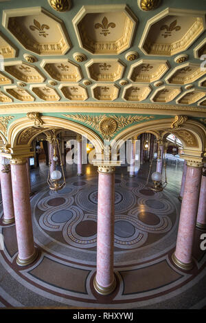 Interior of the cozy and impressive concert hall in Romanian Athenaeum (Ateneul Roman or Romanian Opera House) in Bucuresti, Romania. Stock Photo