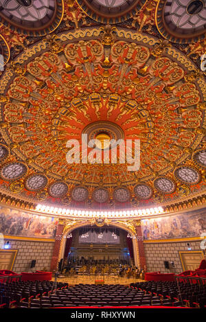 Interior of the cozy and impressive concert hall in Romanian Athenaeum (Ateneul Roman or Romanian Opera House) in Bucuresti, Romania. Stock Photo