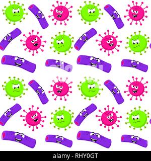 Bacterias, germs in cartoon style on white background. Funny cartoon character. Bad microbes background. Seamless pattern. Vector illustration. Stock Vector