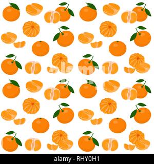 Mandarin, tangerine, clementine with leaves on white background. Citrus fruit background. Seamless pattern. Vector Illustration Stock Vector
