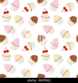 Cupcakes and muffins. Pastry background. Seamless pattern. Vector Illustration on white background Stock Vector