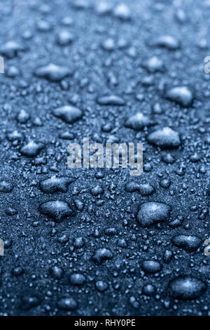 Frozen water droplets on a black car. Stock Photo