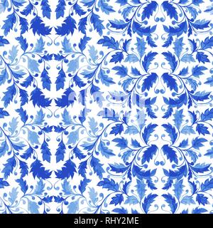 Traditional Blue Portuguese Tile Azulejo Ornament, Vector Seamless Pattern with Leaves, Curls and Stylized Foliage. Stock Vector