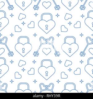 Seamless pattern with hearts, lock, keys in heart shape. Greeting card happy Valentine's Day. Romantic background. Design for banner, poster or print. Stock Vector