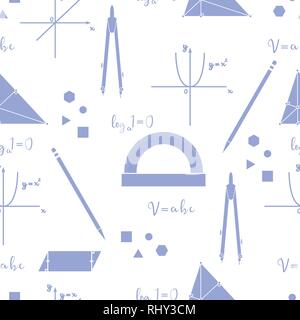 Mathematical scientific vector seamless pattern with geometry plots, tools and formulas. Education elements. Compasses, protractor, pencil, graphics,  Stock Vector
