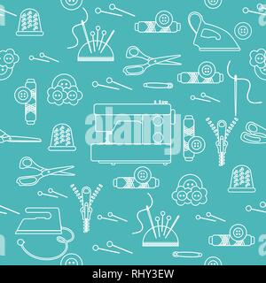 Seamless pattern with zipper, needles, thimble, pins, threads, buttons, scissors, sewing machine, iron. Sewing and needlework background. Template for Stock Vector