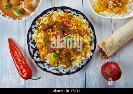 Afghani Pulao, Afghani uisine, central Asia Traditional assorted dishes, Top view. Stock Photo