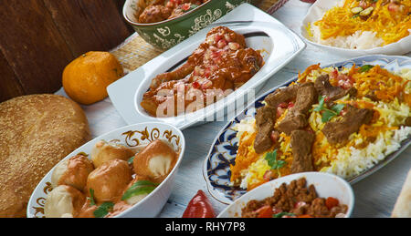 Afghani uisine, central Asia Traditional assorted dishes, Top view. Stock Photo