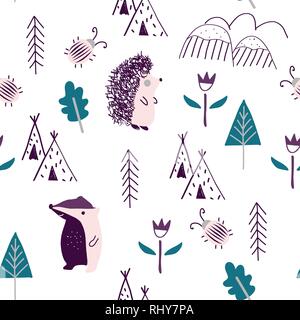 Seamless pattern with hand drawn forest elements beaver, hedgehog, mountain. Design for wrapping, textile, wallpaper, apparel. Vector illustration. Stock Vector
