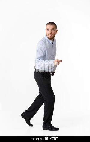 bearded businessman with leather case running on white background Stock Photo