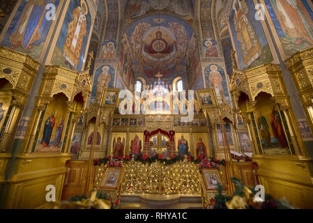 Shipka, Bulgaria - Inside interior of Memorial Temple of the Birth of Christ, Russian Style Church Cathedral ( Monastery Nativity ) Stock Photo