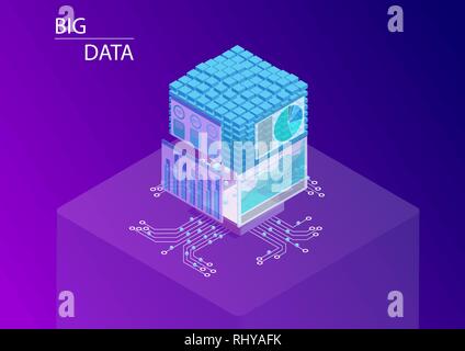 Big data and analytics concept with dashboards displaying information and data cube. 3d isometric vector illustration. Stock Vector