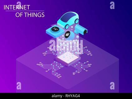 Internet of things / IOT concept with symbol of connected car and home devices. 3d isometric vector illustration. Stock Vector