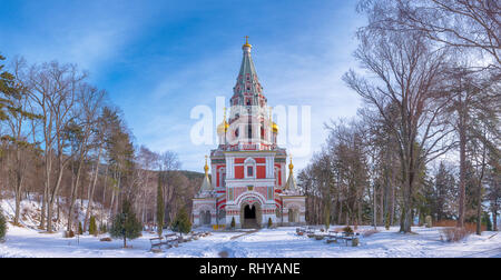 Winter snow view of Memorial Temple of the Birth of Christ, Russian Style Church Cathedral ( Monastery Nativity ) in Shipka, Bulgaria Stock Photo