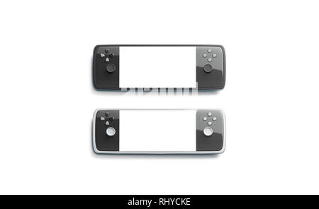 Blank black and white gaming console screen mockup set, top view, 3d rendering. Empty pc keypad mock up. Clear gamepad with button. Videogame control template. Stock Photo