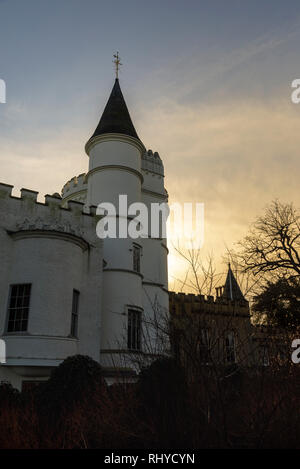 Round tower, turret and battlements at Strawberry Hill House, a Gothic Revival villa built in Twickenham, London by Horace Walpole from 1749 Stock Photo