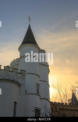 Round tower, turret and battlements at Strawberry Hill House, a Gothic Revival villa built in Twickenham, London by Horace Walpole from 1749 Stock Photo