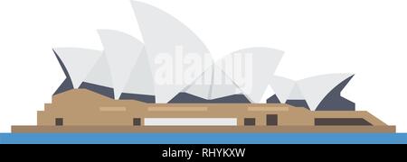 Flat design isolated vector icon of Sydney Opera House built by architect Jørn Utzon, opened in 1973. Stock Vector