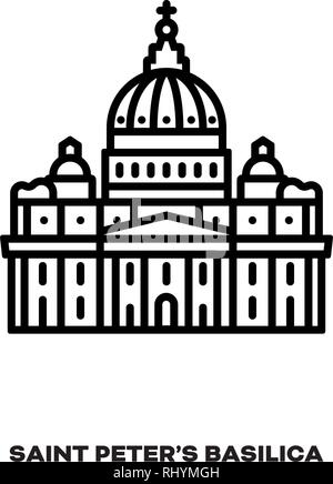 Saint Peter's Basilica at Vatican City, Rome, Italy, vector line icon. International landmark and tourism symbol. Stock Vector
