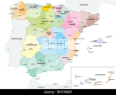 Colored administrative and political vector map of the Spanish provinces and regions Stock Vector