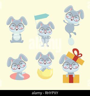Set of cute cartoon rabbit. Stock Vector