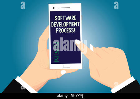 Text sign showing Software Development Process. Conceptual photo Process of developing a software product Hu analysis Hands Holding Pointing Touching  Stock Photo