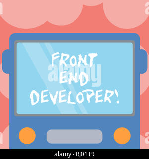 Writing note showing Front End Developer. Business photo showcasing computer programmer codes and creates visual elements Drawn Flat Front View of Bus Stock Photo
