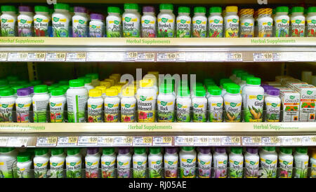 Syracuse, New York, USA. February 4, 2019. Herbal supplements aisle at a Wegman's grocery store