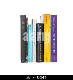 Book image: Collection of books by and about Ludwig Wittgenstein, isolated on pure white background.  Spines showing. Stock Photo