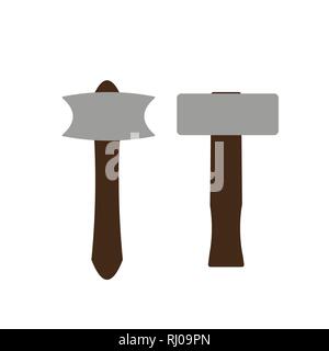 Cartoon Sledgehammer and axe with grey metal part and wooden handle. vector stock illustration. Stock Vector